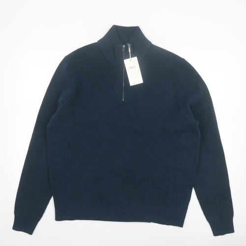 Marks and Spencer Men’s Blue Cotton Blend 1/2 Zip Jumper L Regular