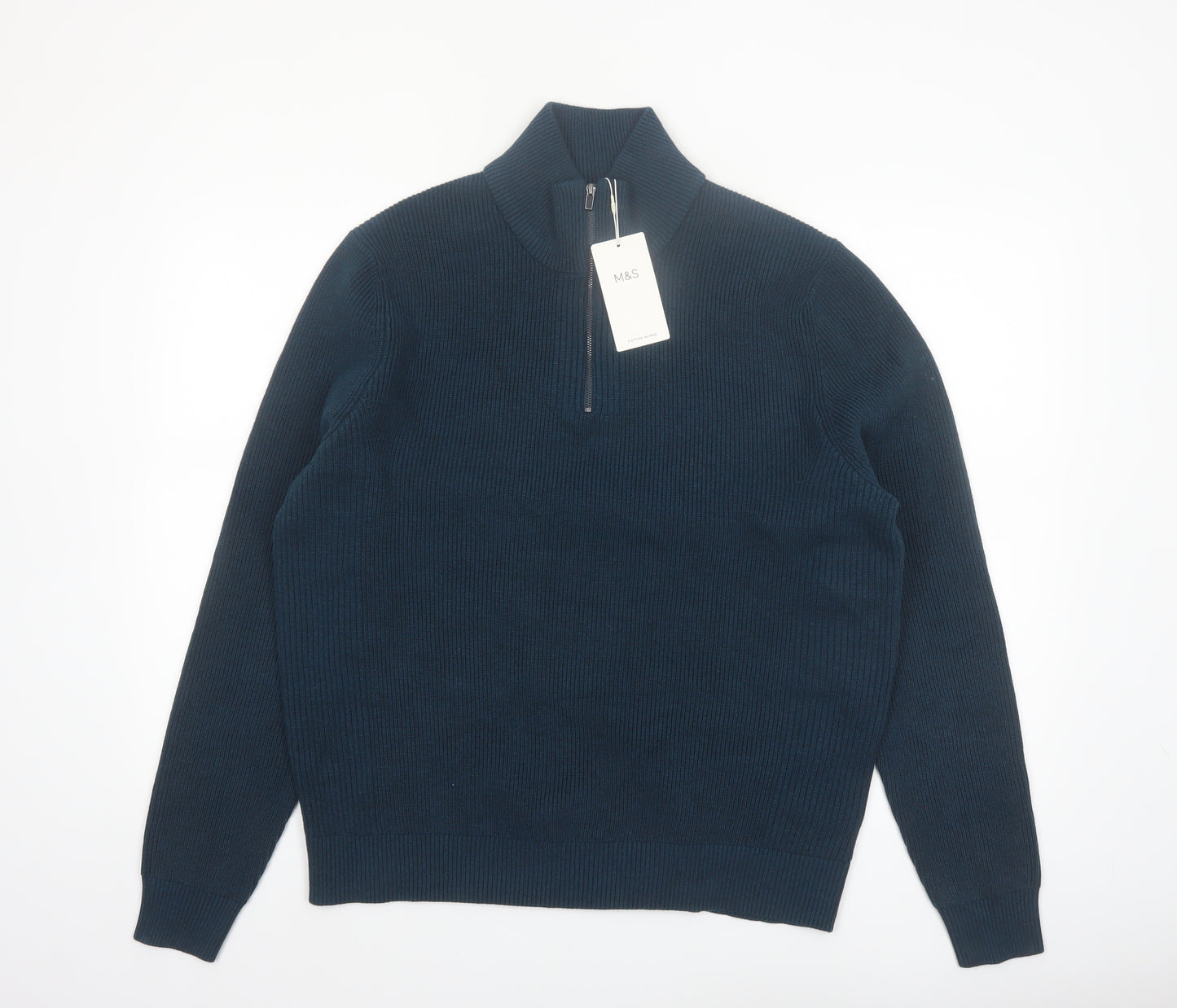 Marks and Spencer Men’s Blue Cotton Blend 1/2 Zip Jumper L Regular