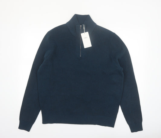 Marks and Spencer Men’s Blue Cotton Blend 1/2 Zip Jumper L Regular