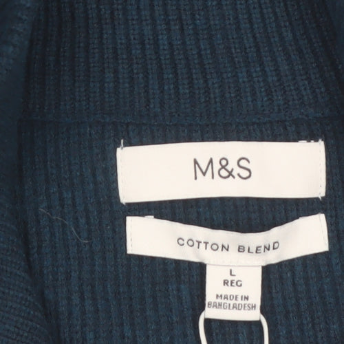 Marks and Spencer Men’s Blue Cotton Blend 1/2 Zip Jumper L Regular