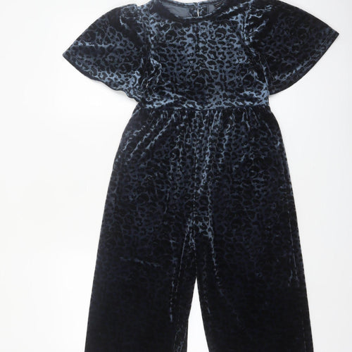 Next Girls Blue Velvet Leopard Print Jumpsuit 7 Years Short Sleeve Party Wear
