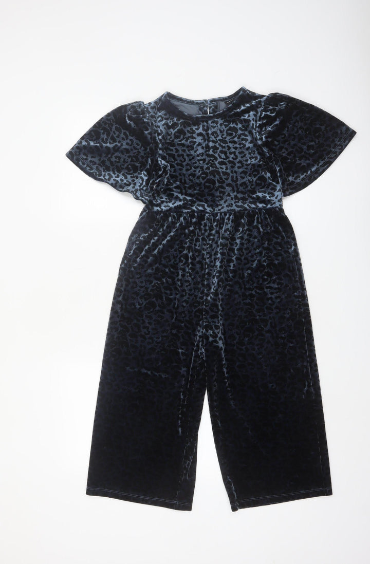 Next Girls Blue Velvet Leopard Print Jumpsuit 7 Years Short Sleeve Party Wear