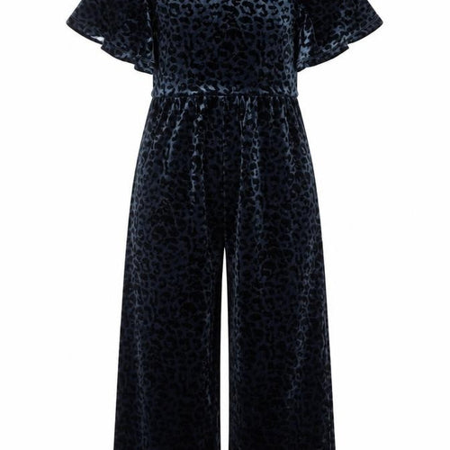 Next Girls Blue Velvet Leopard Print Jumpsuit 7 Years Short Sleeve Party Wear