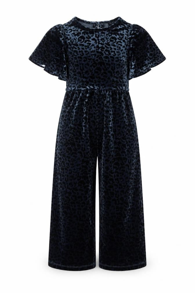 Next Girls Blue Velvet Leopard Print Jumpsuit 7 Years Short Sleeve Party Wear