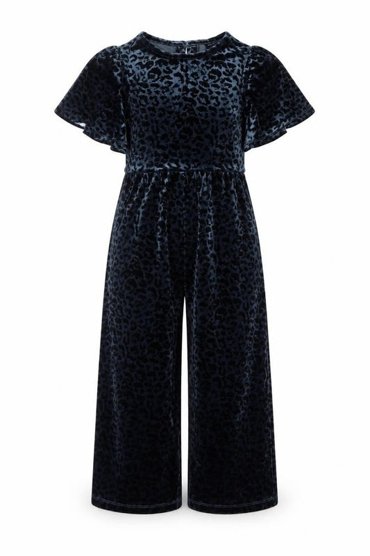 Next Girls Blue Velvet Leopard Print Jumpsuit 7 Years Short Sleeve Party Wear