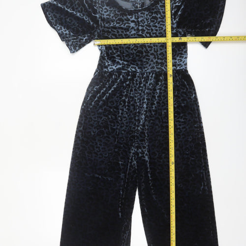 Next Girls Blue Velvet Leopard Print Jumpsuit 7 Years Short Sleeve Party Wear