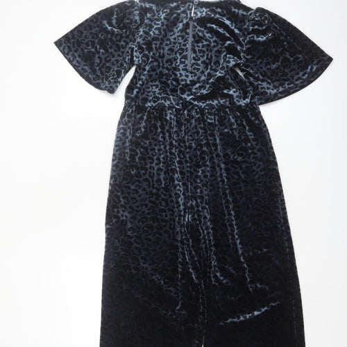 Next Girls Blue Velvet Leopard Print Jumpsuit 7 Years Short Sleeve Party Wear