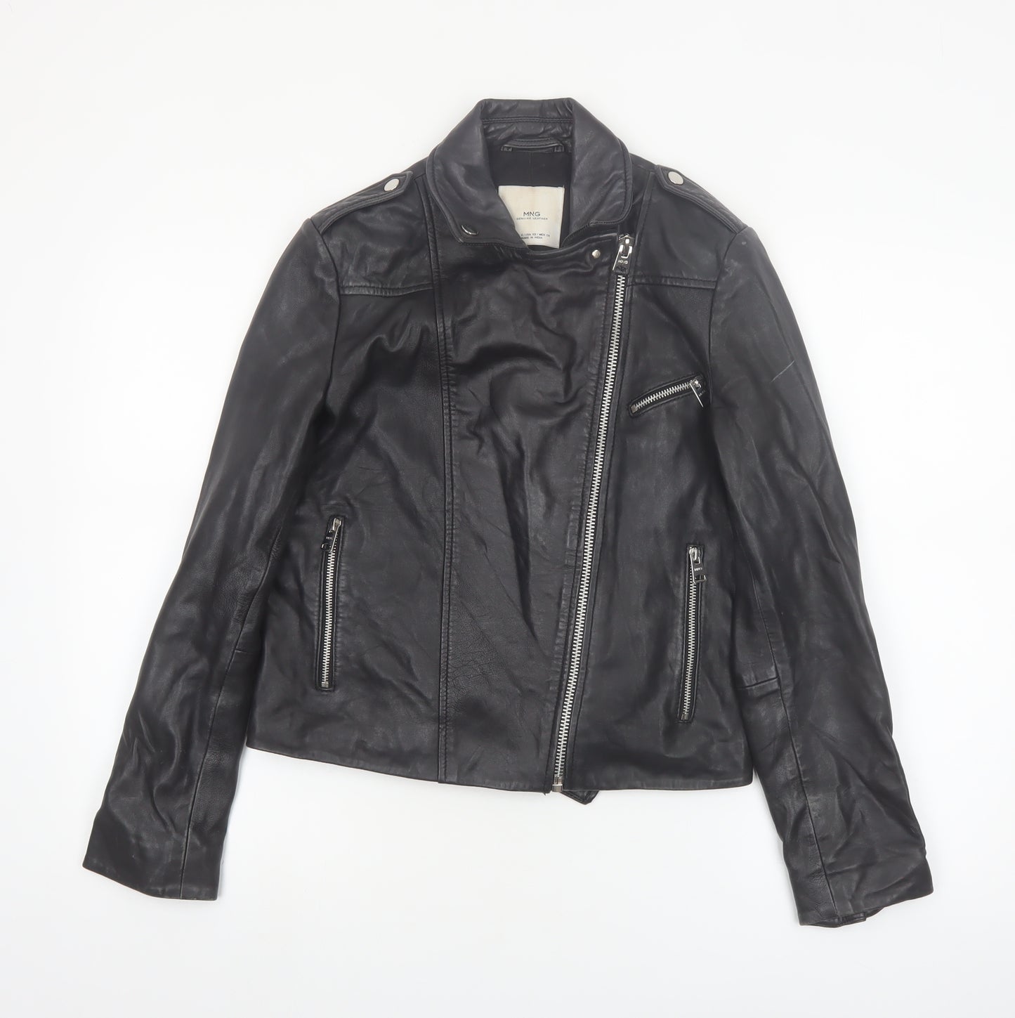 MNG Women's Black Leather Biker Jacket Size 8 Genuine Leather