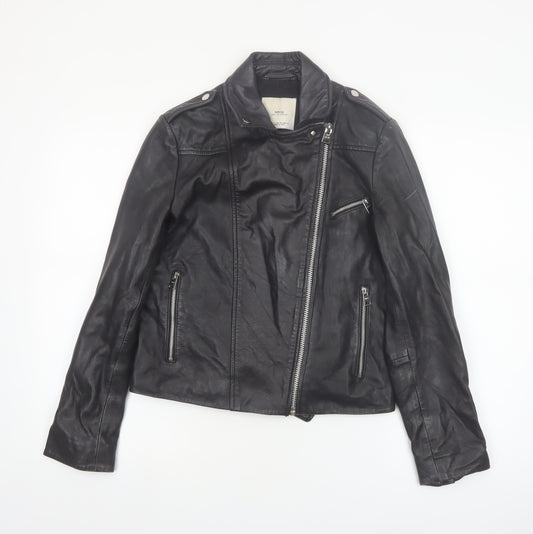 MNG Women's Black Leather Biker Jacket Size 8 Genuine Leather