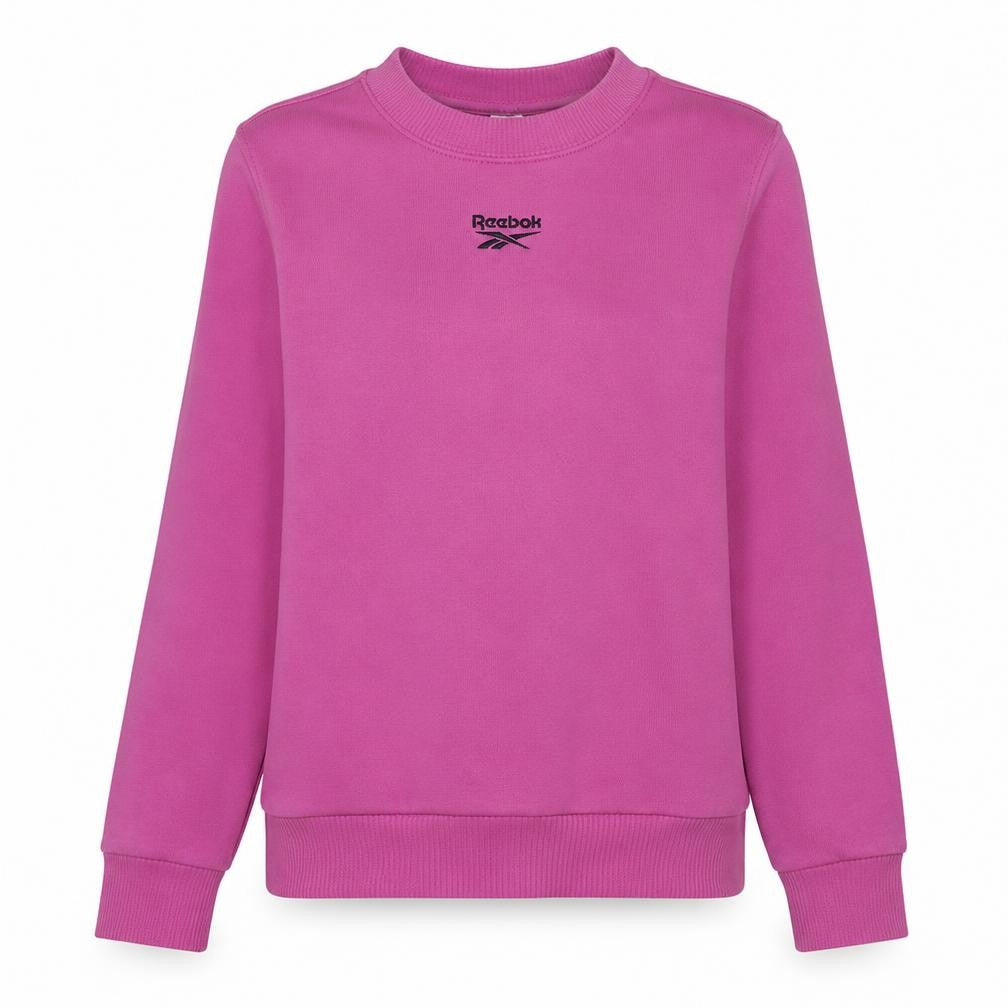 Front view of Reebok women’s pink crew neck sweatshirt, size M, cotton blend athletic