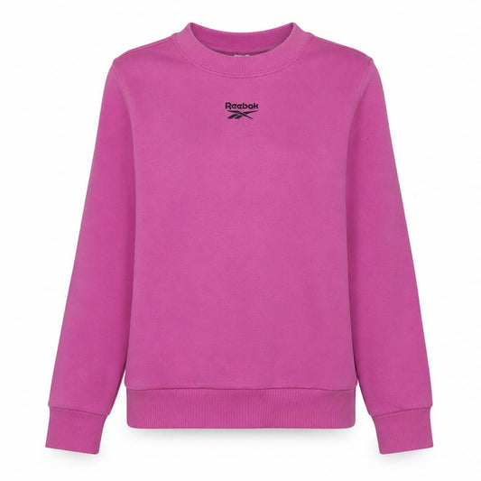 Front view of Reebok women’s pink crew neck sweatshirt, size M, cotton blend athletic
