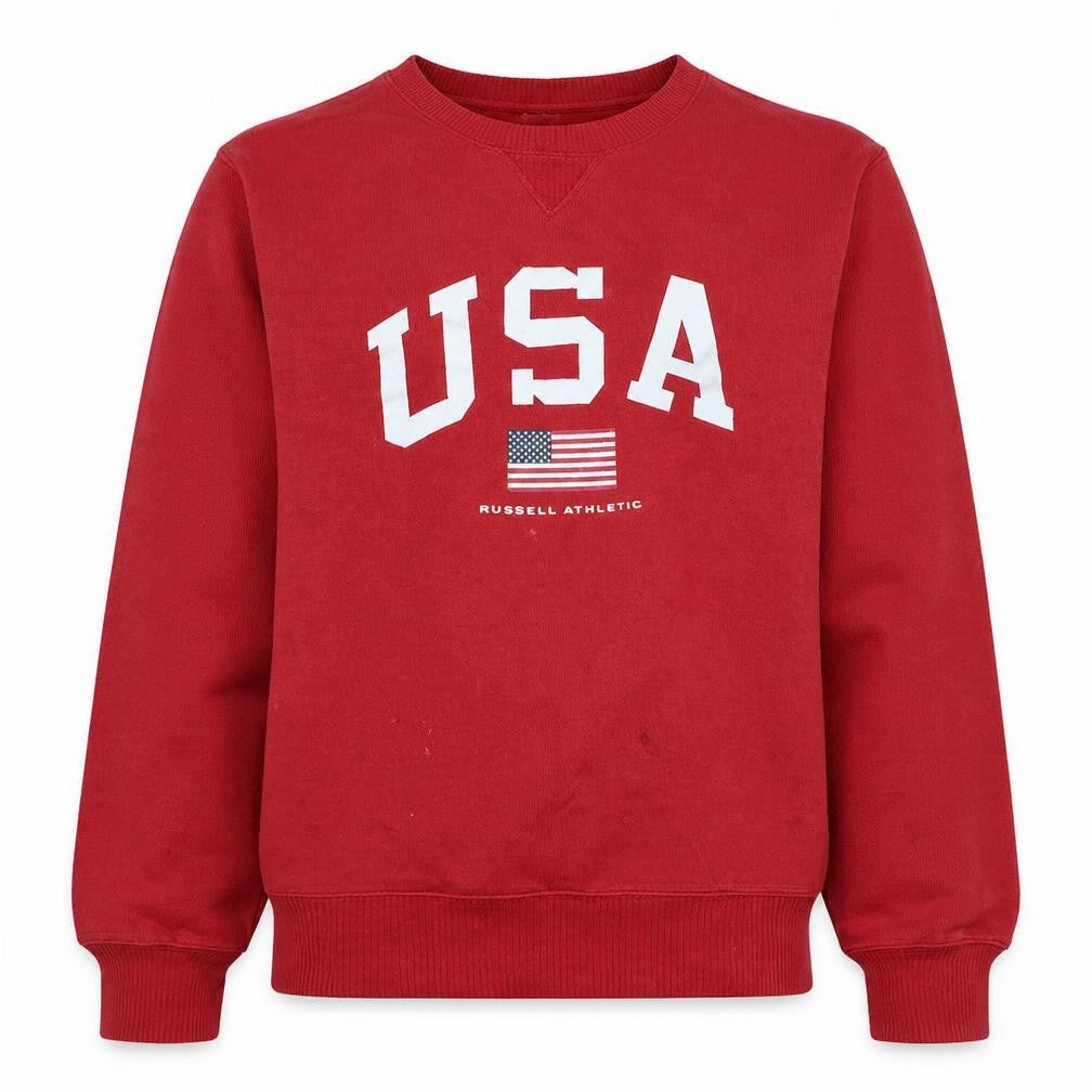 Front view of Russell Athletic Men's Red USA Graphic Crew Neck Sweatshirt L