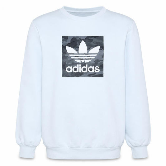 Front view of Adidas men’s white crew neck logo sweatshirt, size M