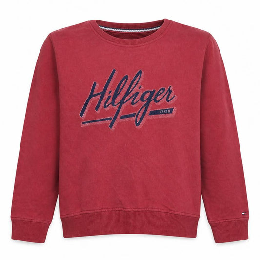 Front view of Tommy Hilfiger boys’ red pullover crew neck sweatshirt m