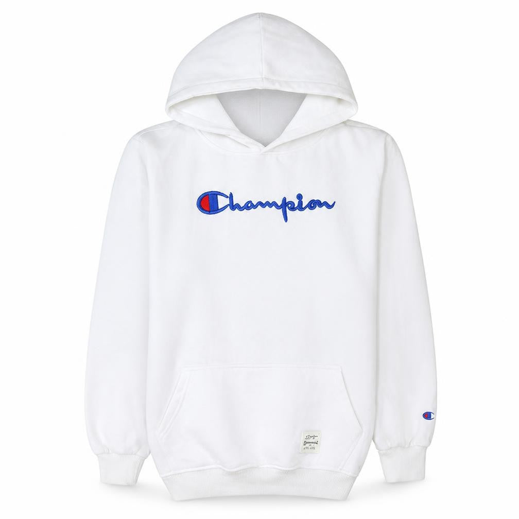 Front view of Champion men’s white pullover hoodie l embroidered logo fleece