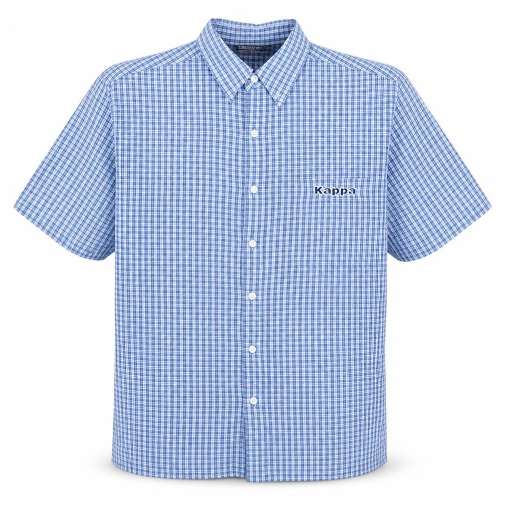 Front view of Kappa Men's Blue Check Short Sleeve Button-Up Cotton Shirt, size S