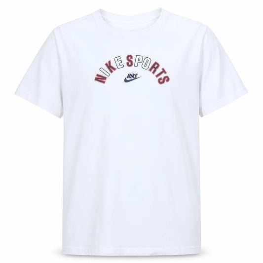 Front view of Nike boys’ white xl sports logo short sleeve cotton t-shirt
