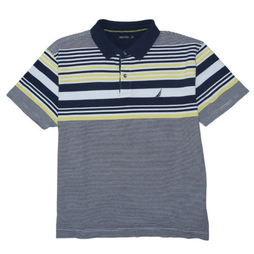 Nautica Men Blue Striped Short Sleeve Polo Shirt 2XL Cotton