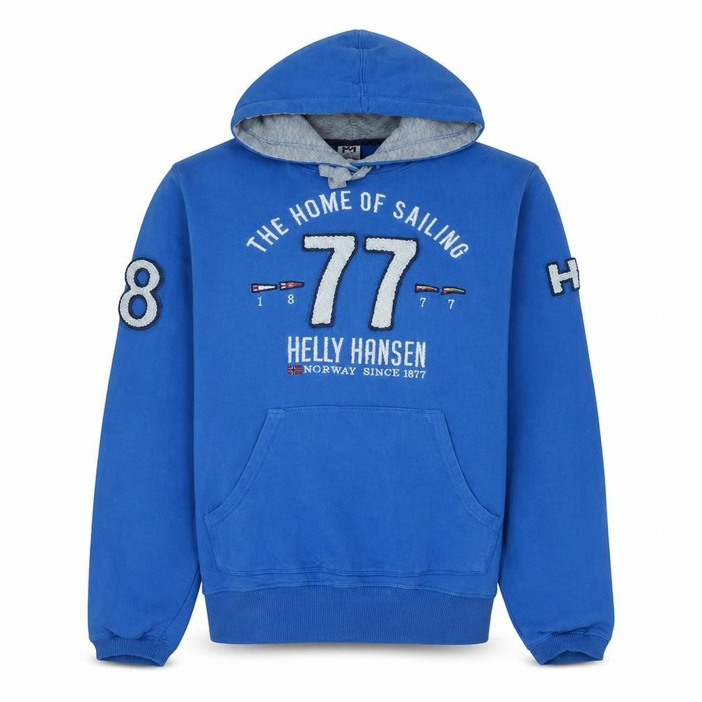 Front view of Helly Hansen Men's Blue Pullover Hoodie, size S, Embroidered Sailing Design