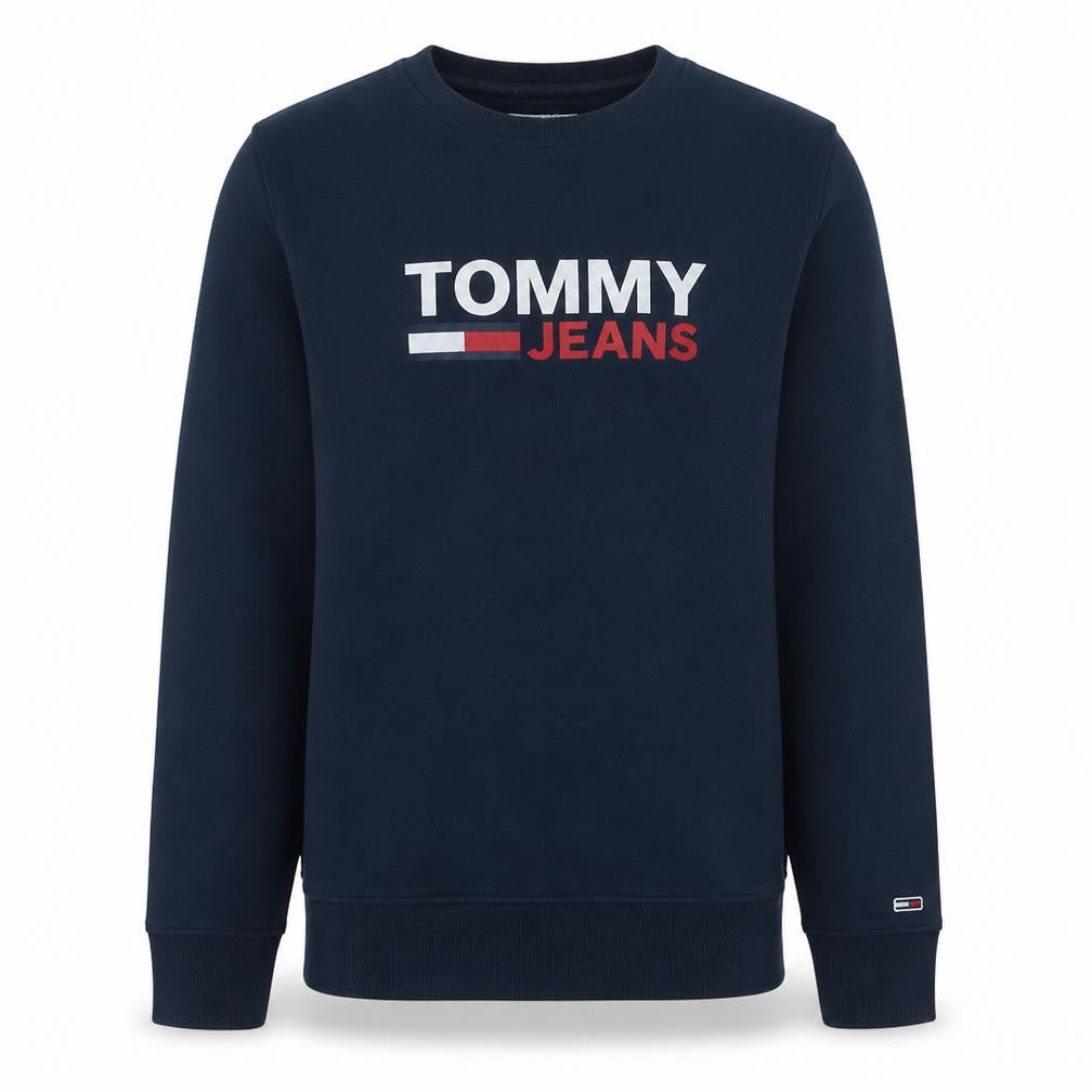 Front view of Tommy Jeans Men's Blue Crew Neck Logo Sweatshirt, size S