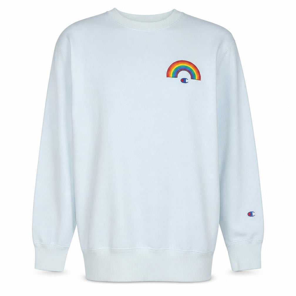 Front view of Champion men’s white 2xl crew neck rainbow graphic sweatshirt