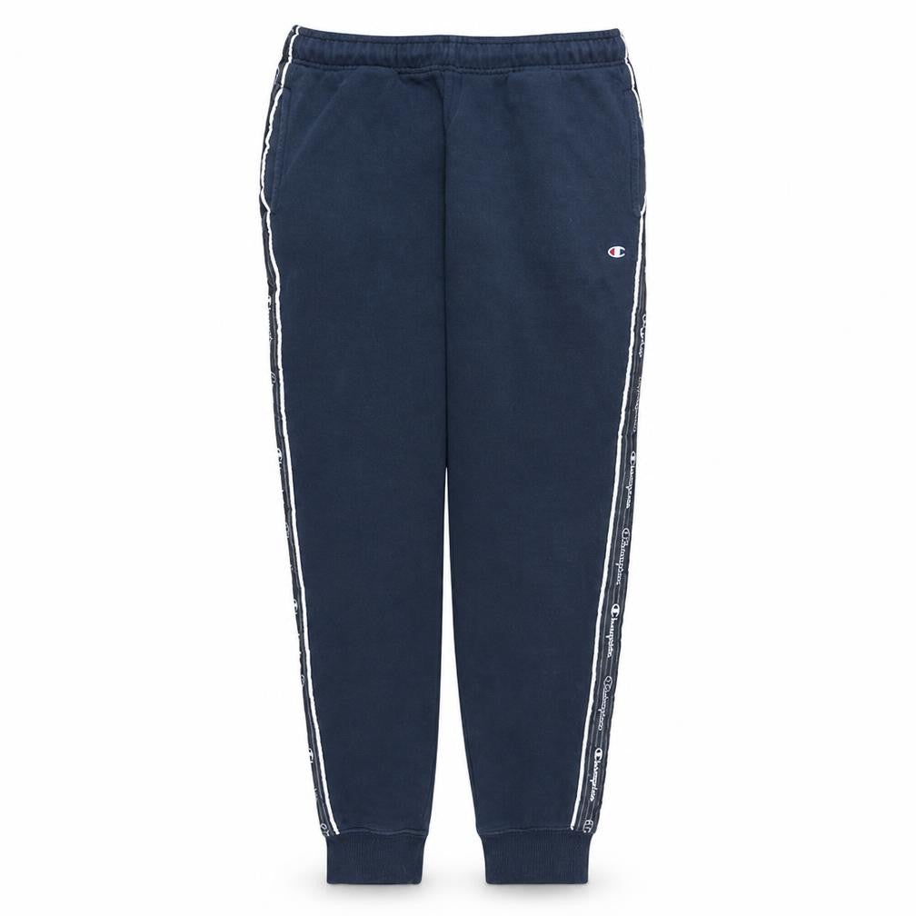 Front view of Champion Men's Blue Medium Logo Tape Cuffed Sweatpants