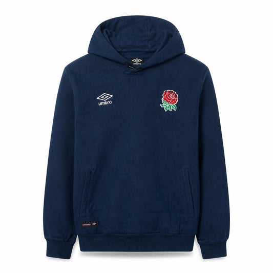 Front view of Umbro men’s navy hoodie england rugby rose logo, size M, cotton pullover