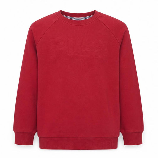 Front view of Fila men’s red crew neck pullover sweatshirt, size S, logo sportswear