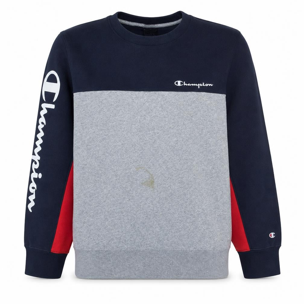 Front view of Champion Men's Blue Grey Red XL Pullover Sweatshirt Crew Neck Logo