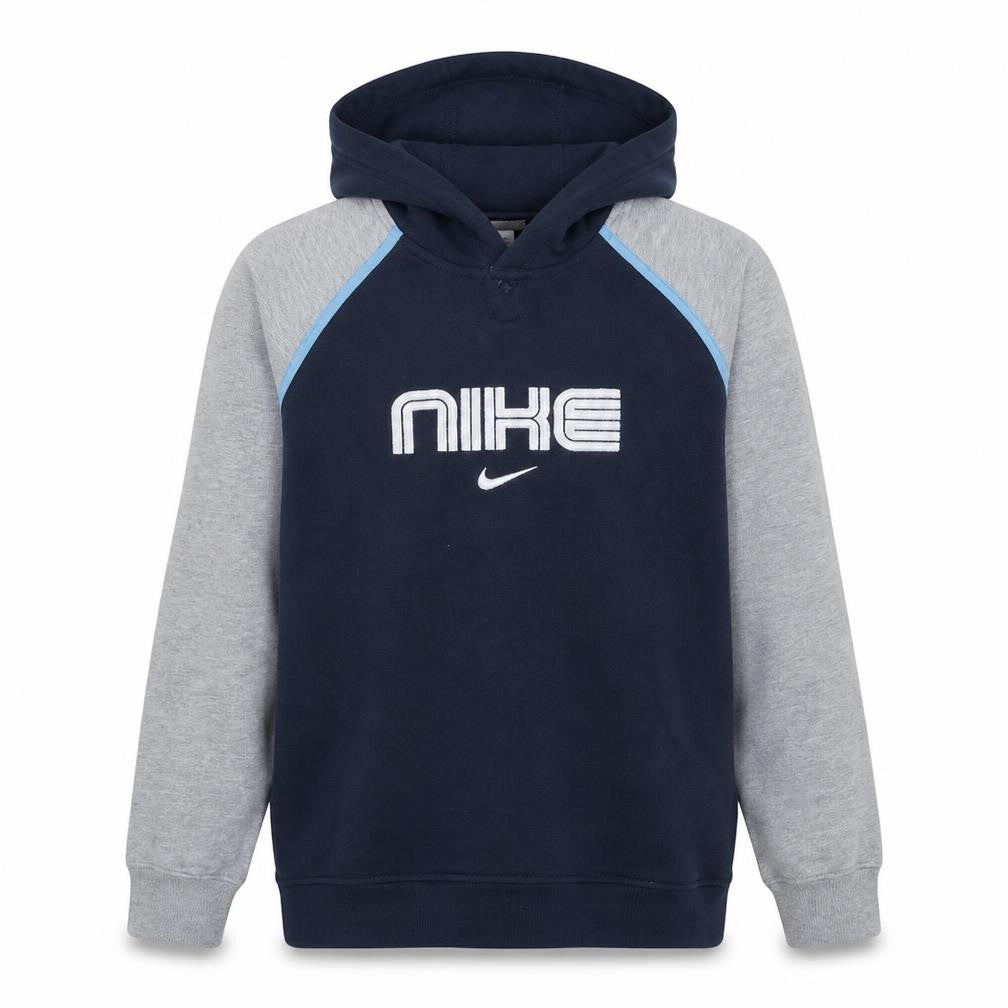 Front view of Nike boys’ blue & grey pullover hoodie xl cotton logo sweatshirt