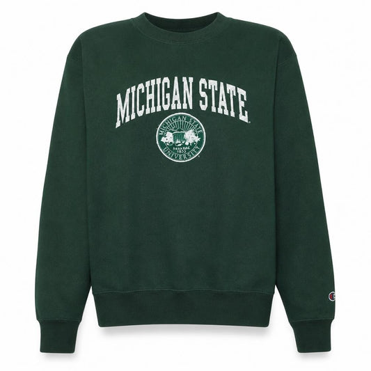 Front view of Champion women’s green michigan state crew neck pullover sweatshirt m