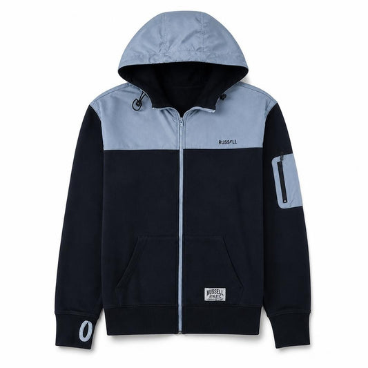 Front view of Russell Athletic Men's Blue Full Zip Hoodie, size M