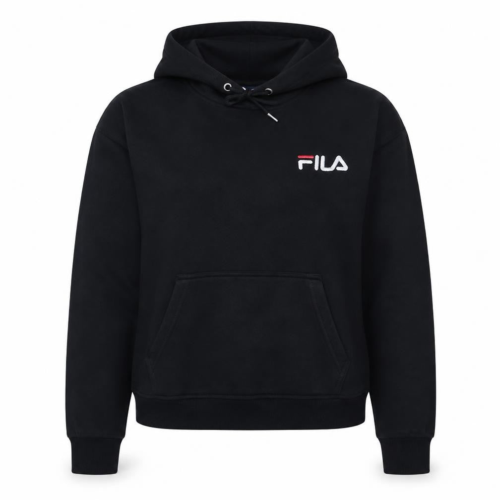 Front view of Fila women’s black xs pullover hoodie with logo embroidery