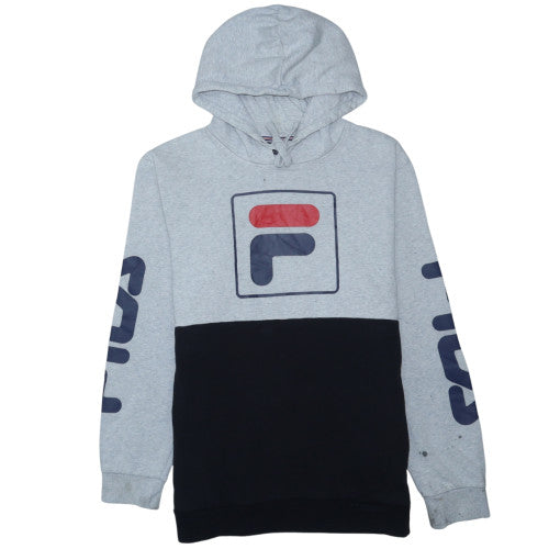 FILA Men's Grey Black Pullover Hoodie Small Logo Fleece Sweatshirt