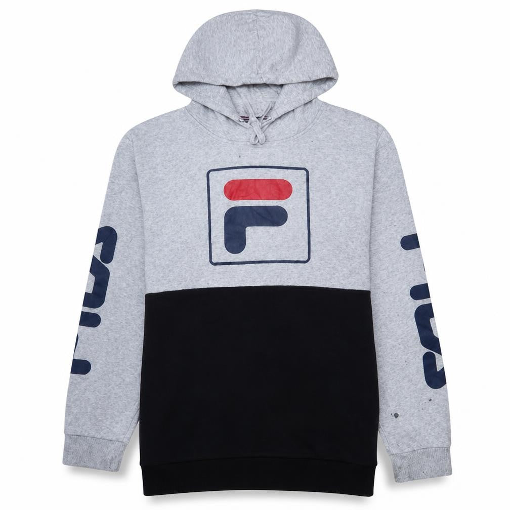 Front view of Fila Men's Grey Black Pullover Hoodie Small Logo Fleece Sweatshirt