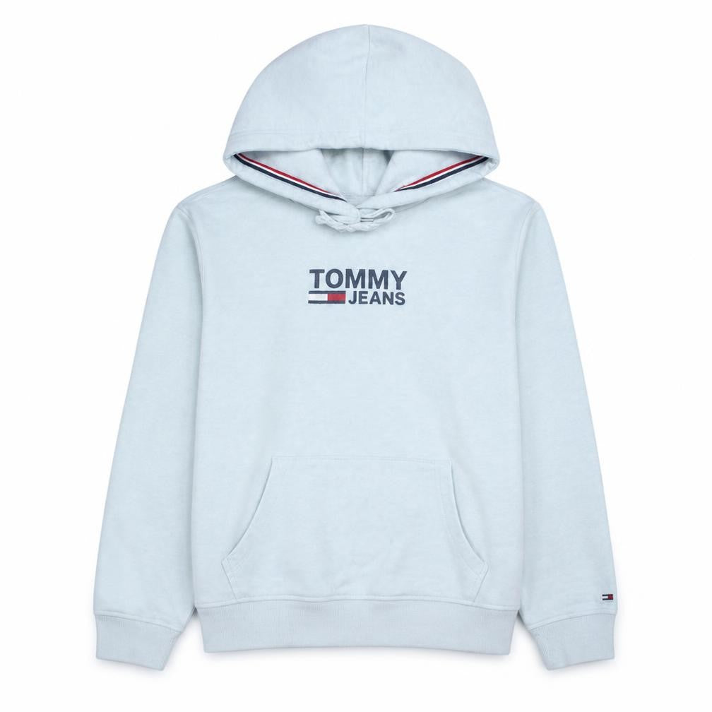 Front view of Tommy Jeans Men's White Pullover Hoodie M Logo Fleece Sweatshirt