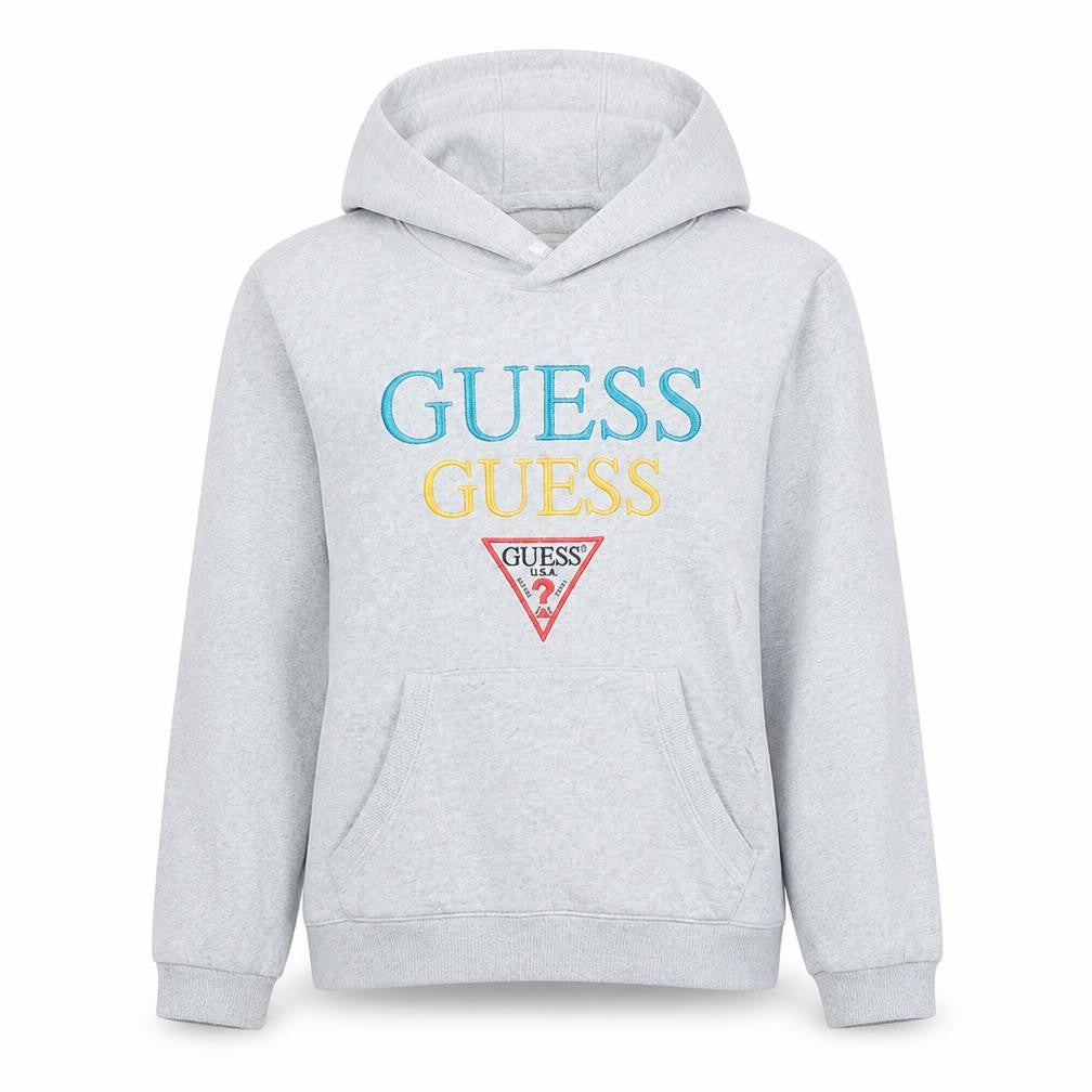 Front view of Guess Women's Grey Pullover Hoodie Logo Print, size L