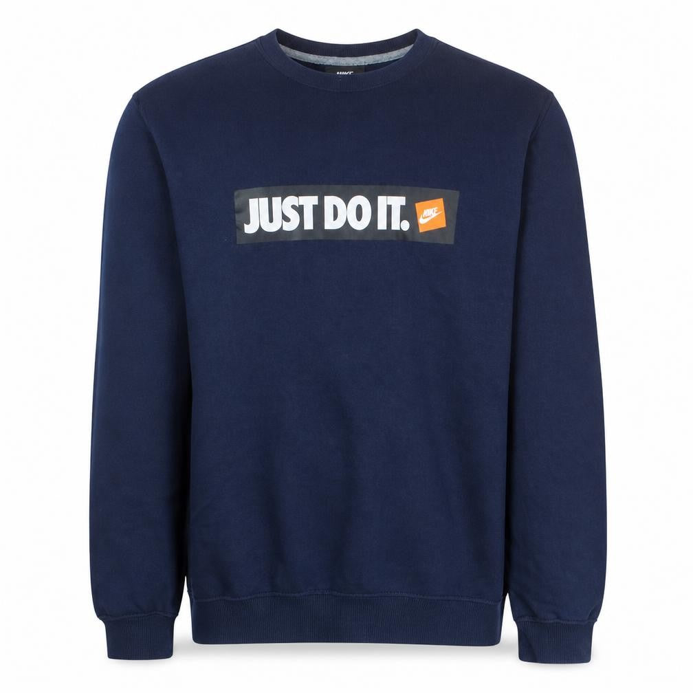 Front view of Nike Men's Blue Just Do It Crew Neck Sweatshirt, size M