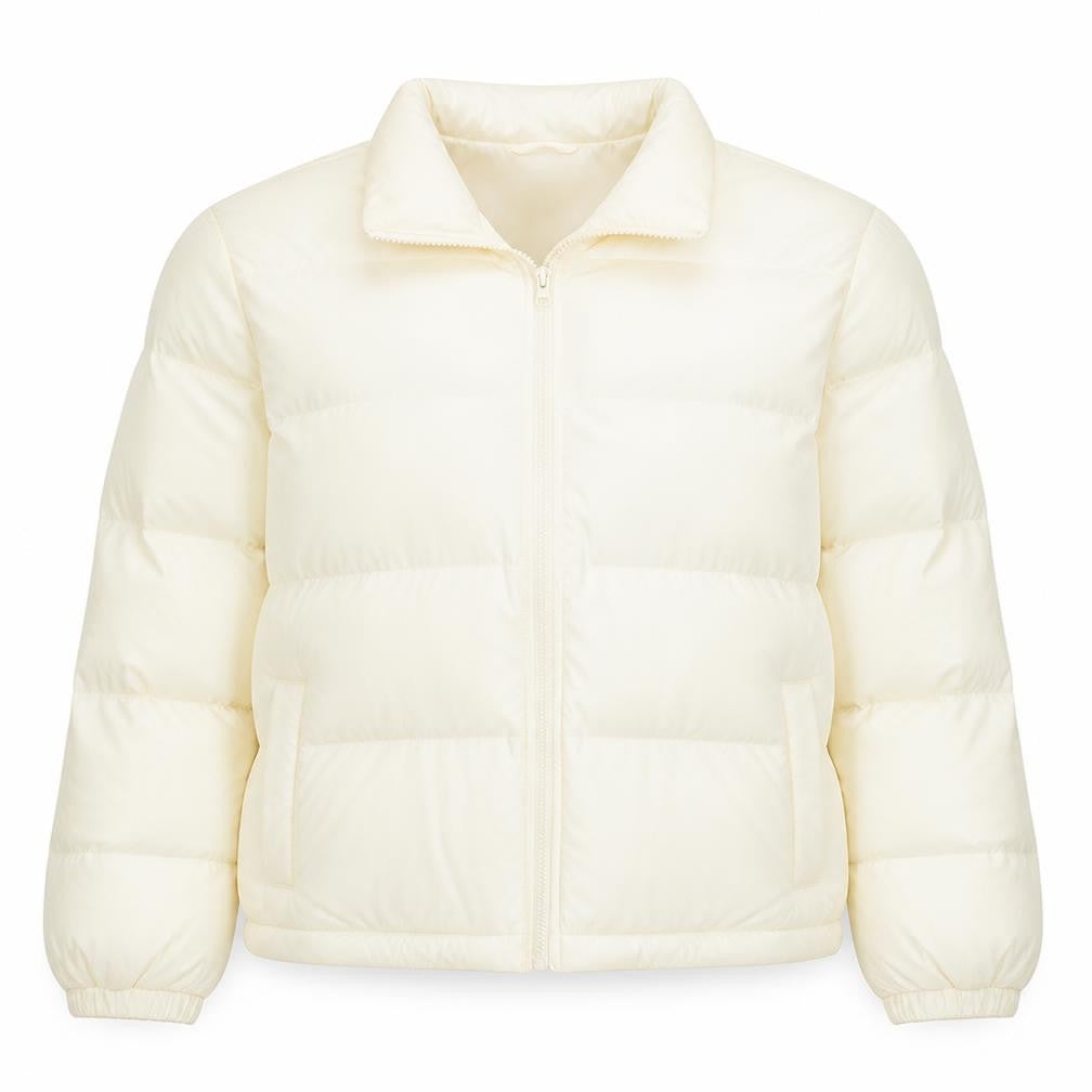 Front view of Levi's Women's Ivory Puffer Jacket, size S, Full Zip Warm Winter Coat