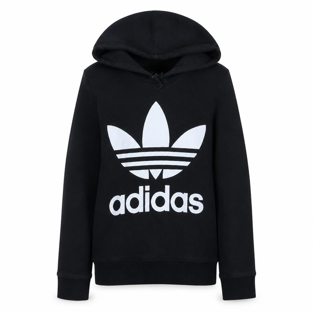 Front view of Adidas Women's Black Trefoil Pullover Hoodie, size 8, Cotton Blend