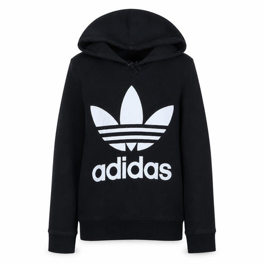 Front view of Adidas Women's Black Trefoil Pullover Hoodie, size 8, Cotton Blend