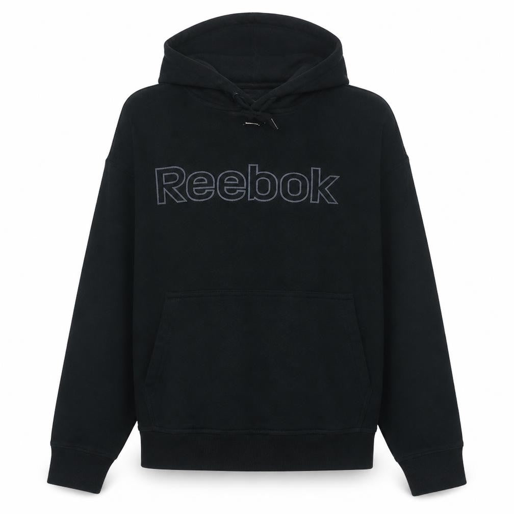 Front view of Reebok Men’s Black Pullover Hoodie L Regular Fit Fleece Sportswear