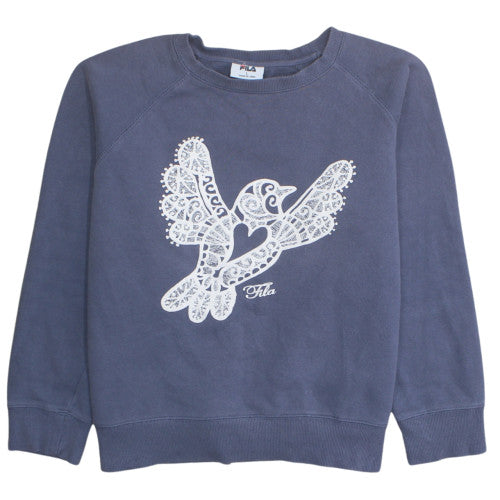 Fila Womens Blue Cotton Blend Pullover Sweatshirt Size L Graphic Bird Print