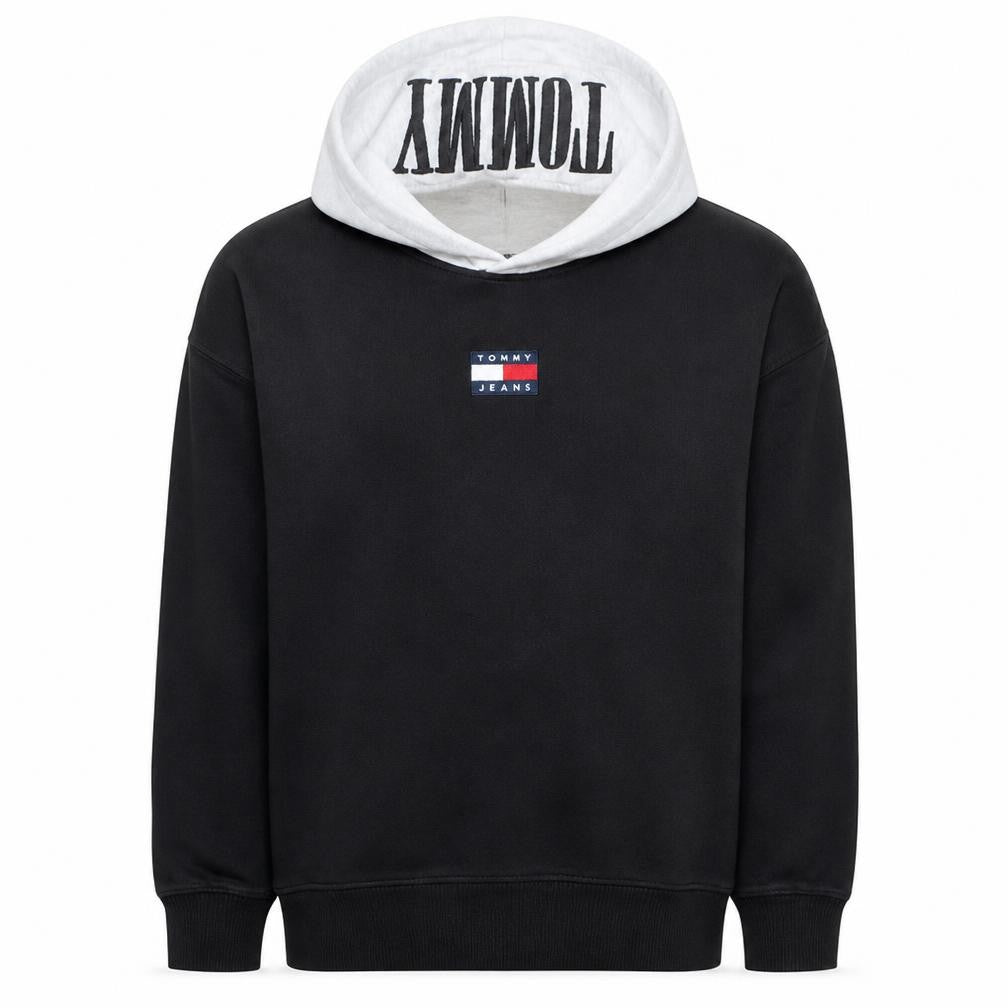 Front view of Tommy Jeans Men's Black & Grey Hoodie L Pullover Logo Cotton Blend