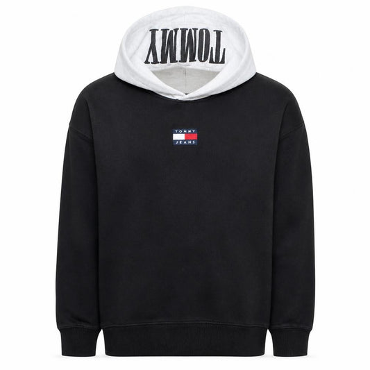 Front view of Tommy Jeans Men's Black & Grey Hoodie L Pullover Logo Cotton Blend