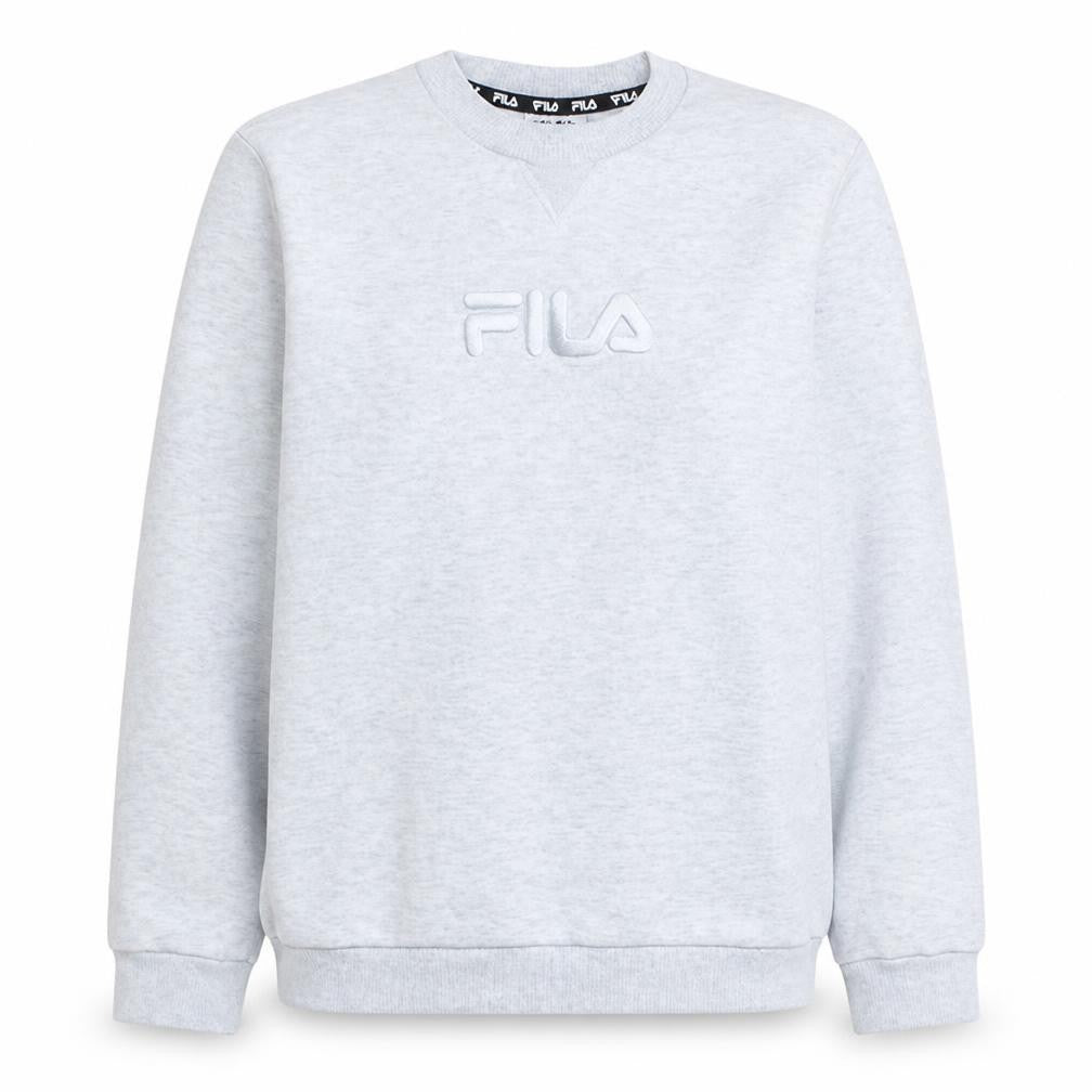 Front view of Fila women’s grey crew neck pullover sweatshirt, size UK 18