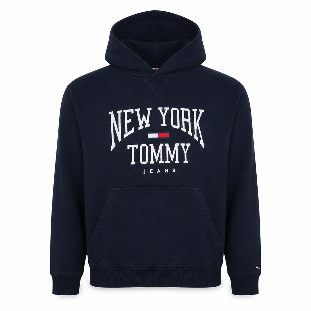 Front view of Tommy Jeans Men's Blue XL Pullover Hoodie Embroidered Logo