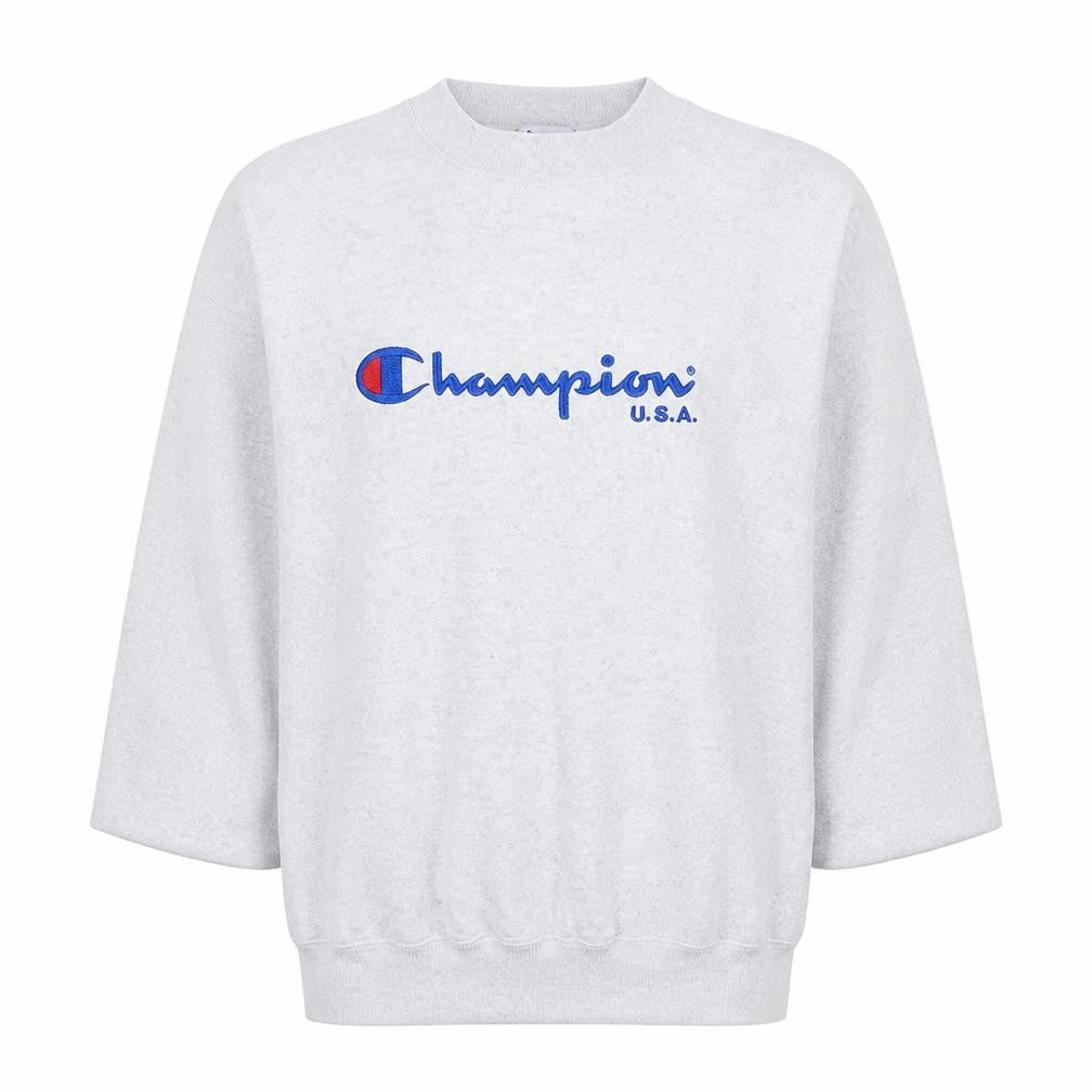 Front view of Champion Men's Grey XL Pullover Sweatshirt Crew Neck Logo Vintage Style