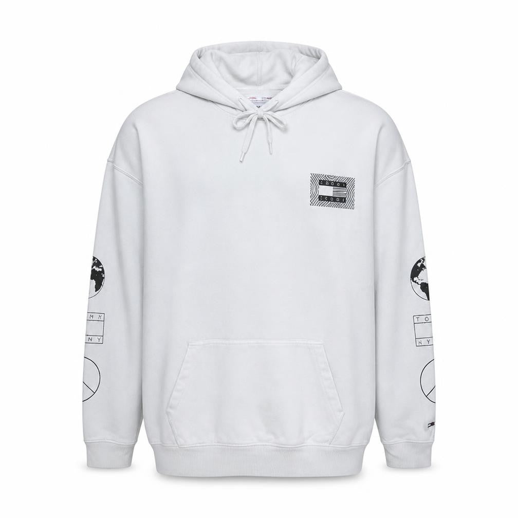 Front view of Tommy Jeans Men's White XL Pullover Hoodie with Graphic Print