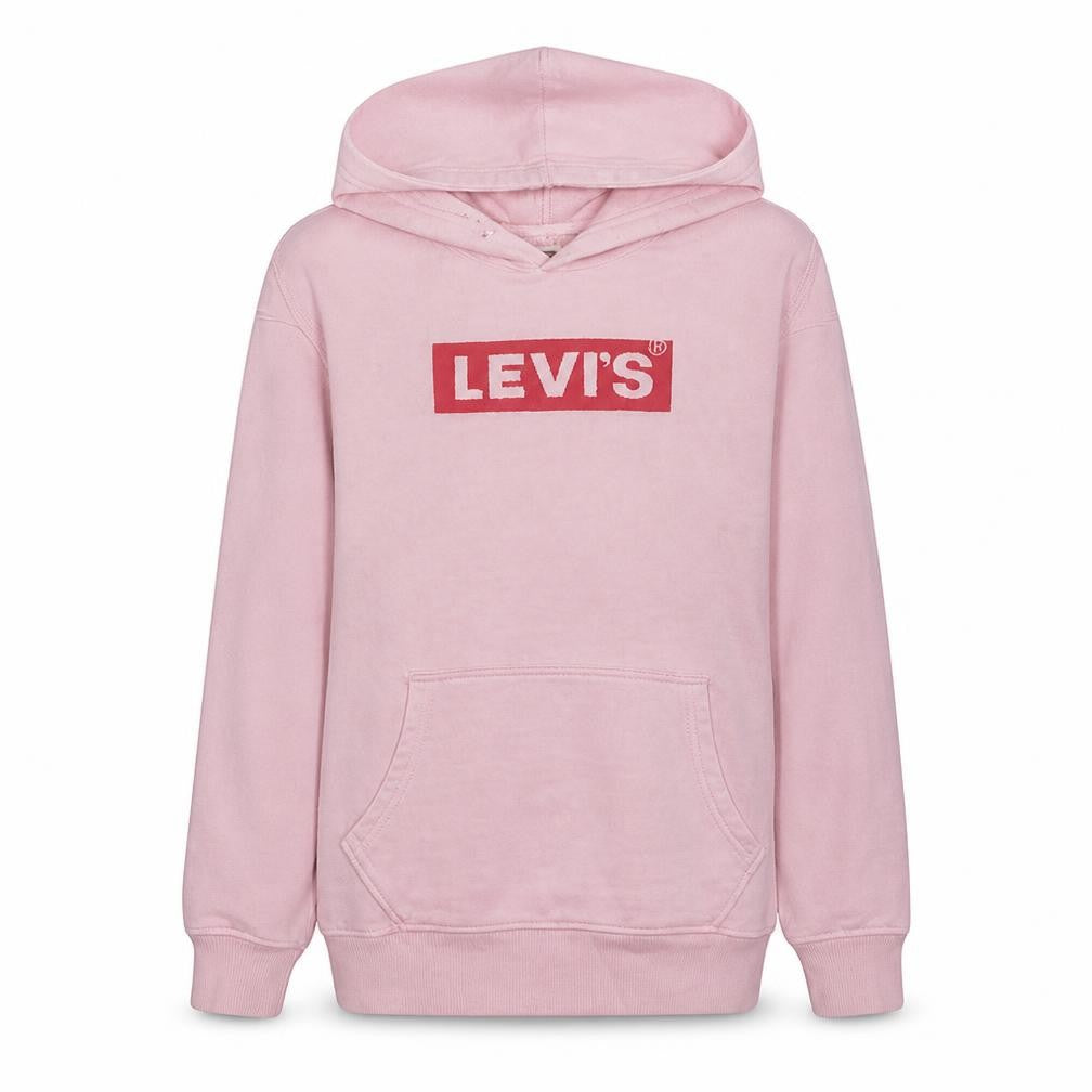Front view of Levi's women’s pink relaxed pullover hoodie, size S, cotton blend